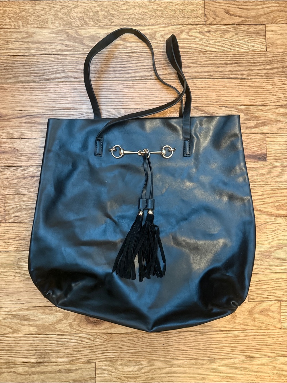 Black Tote Bag with Tassel and Gold Hardware